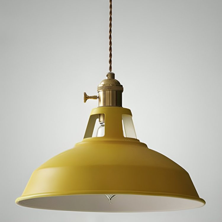 Yellow metal retro pendant light with clear glass shade and brass socket ring
