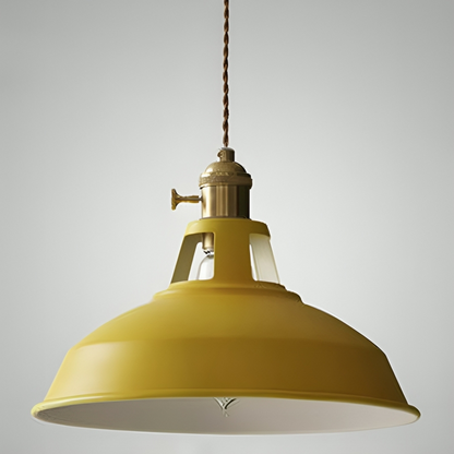 Yellow metal retro pendant light with clear glass shade and brass socket ring
