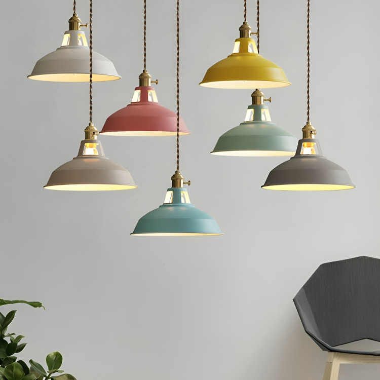 Set of colorful metal retro pendant lights with brass caps and cone shades
