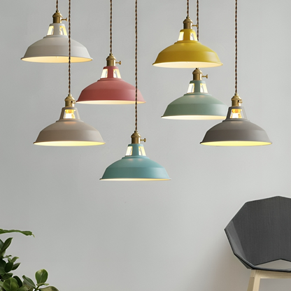 Set of colorful metal retro pendant lights with brass caps and cone shades