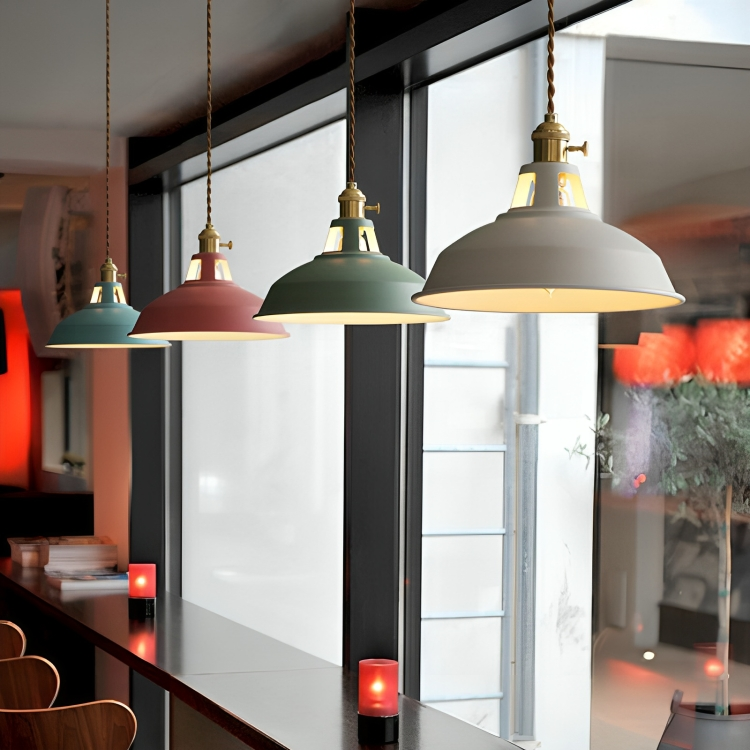 Colorful metal retro pendant light cluster with brass caps and conical shades
