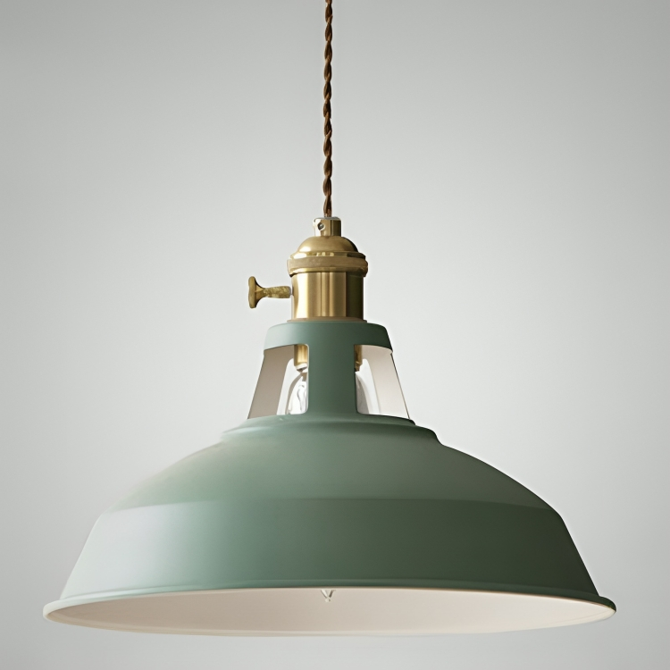 Green metal retro pendant light with clear glass shade and brass top cap