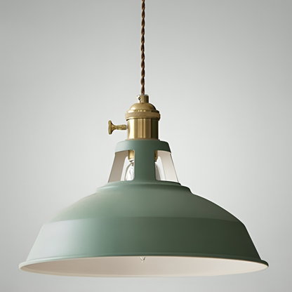 Green metal retro pendant light with clear glass shade and brass top cap