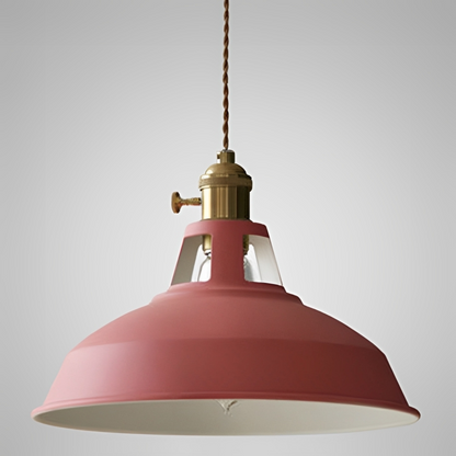 Red metal retro pendant light with clear glass shade and brass top cap