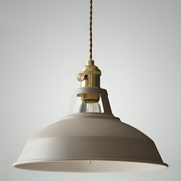 Gray metal retro pendant light with clear glass globe and brass top cap