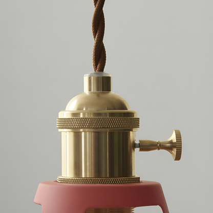 Brass top retro pendant light with fabric cord and pink metal shade, side pull switch