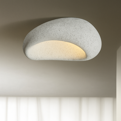 Rustic LED ceiling light in light gray textured metal, round flush mount with warm glow