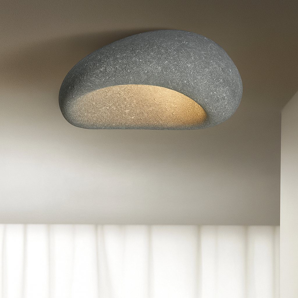 Rustic LED ceiling light in dark gray textured metal, round flush mount with warm glow