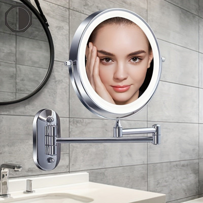 LED round wall mirror with swivel stainless arm and bright light ring
