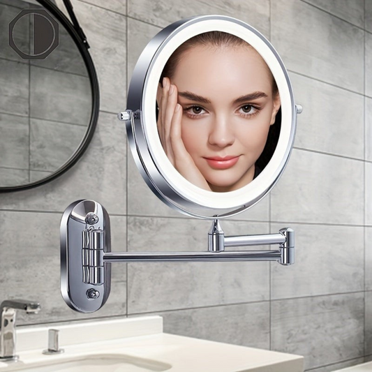LED round wall mirror with swivel stainless arm and bright light ring