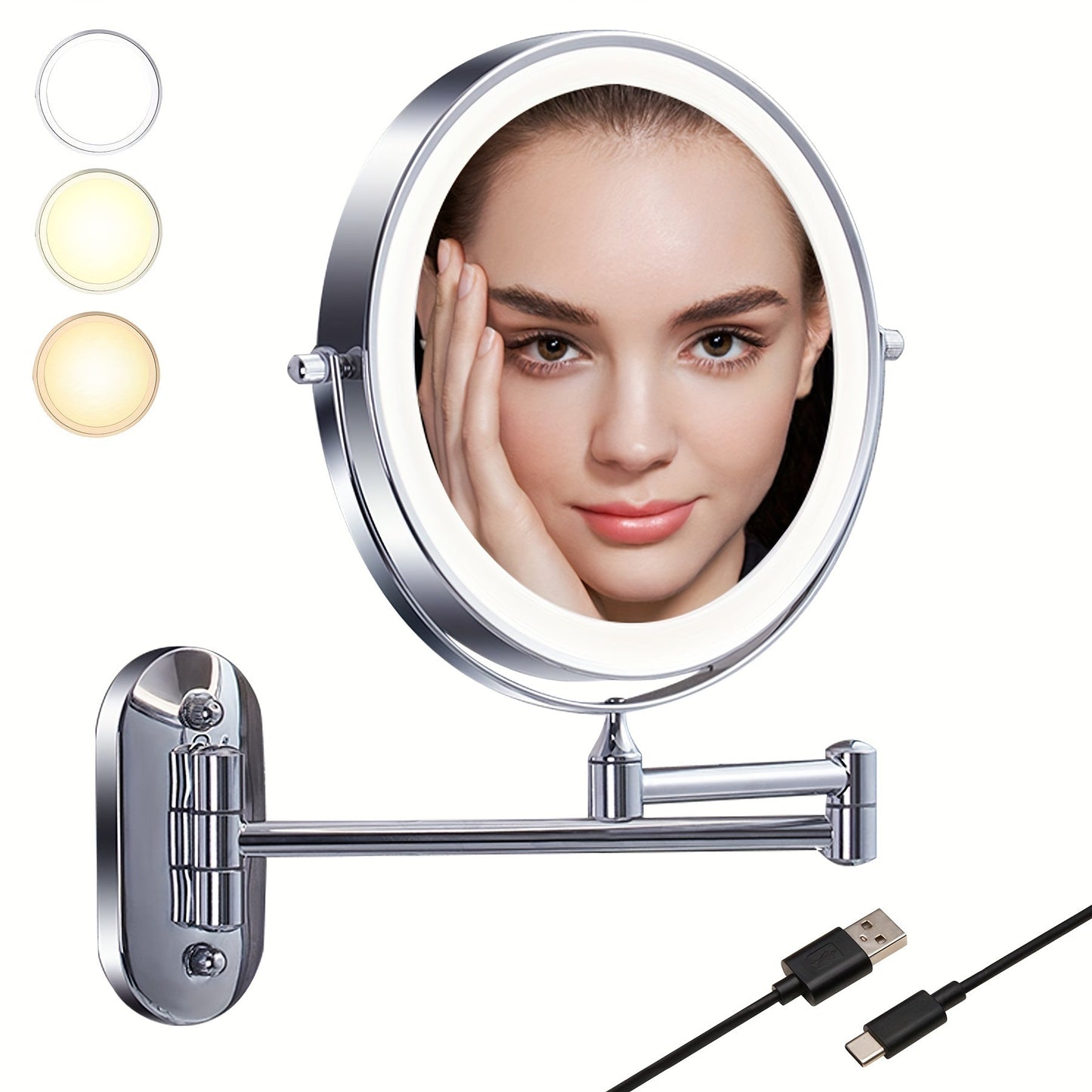 LED round wall mirror with swivel stainless arm and USB cables, light color options
