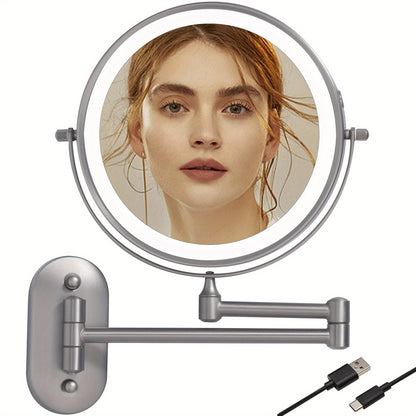 LED round vanity mirror with swivel arm, wall mount, and USB charging cables