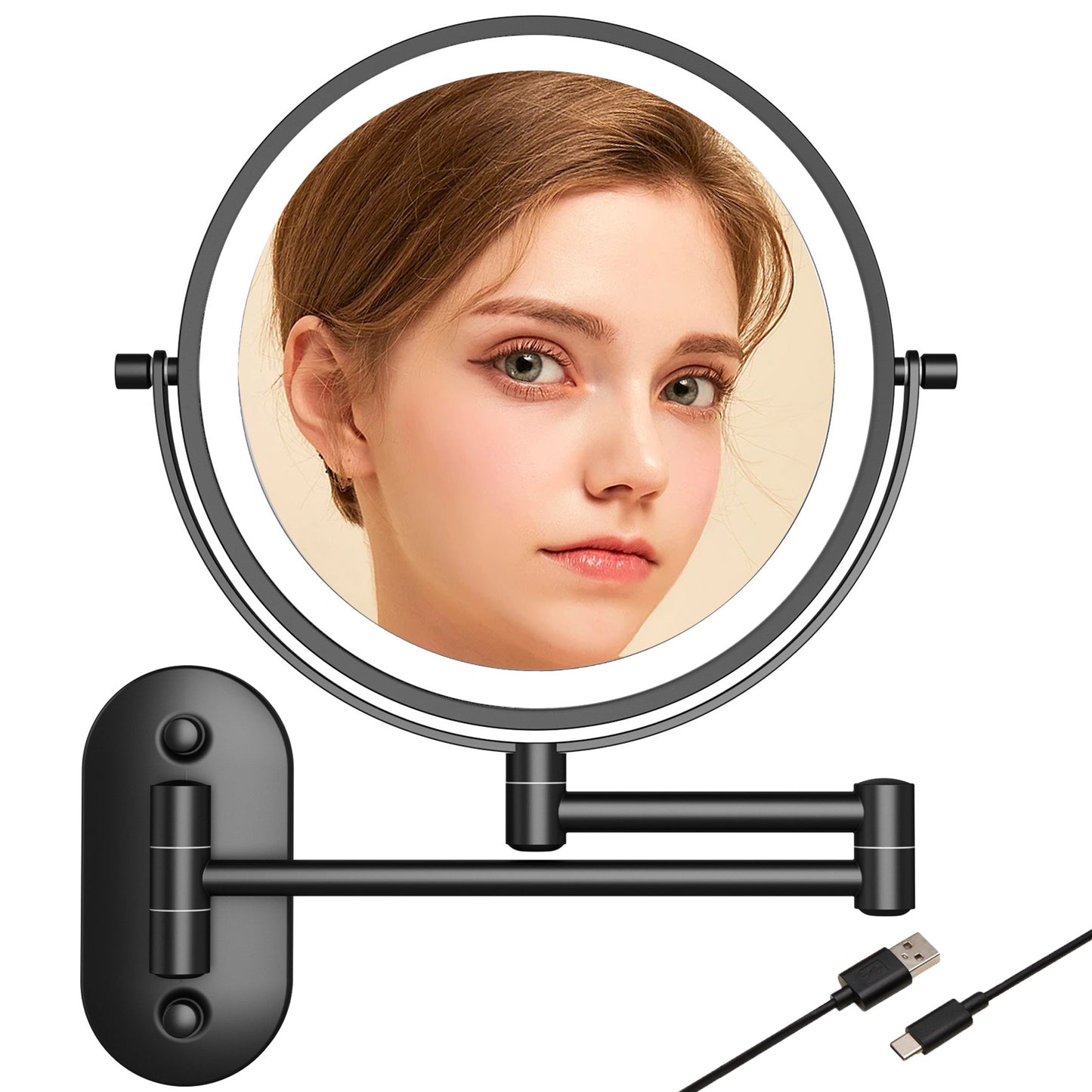 LED round wall mirror with swivel arm in black finish and USB charging cables
