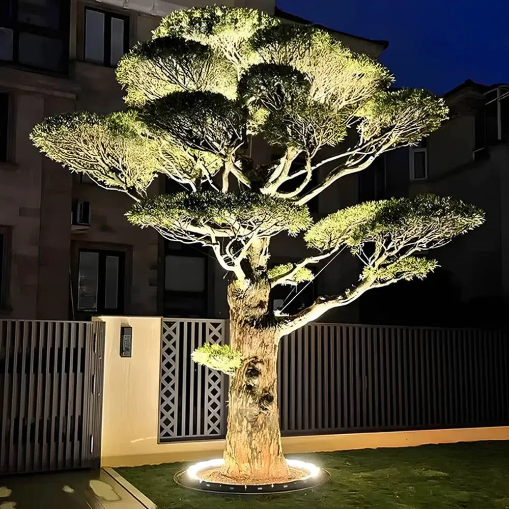 Solar LED garden spotlight uplight on large tree canopy with warm glow from round base