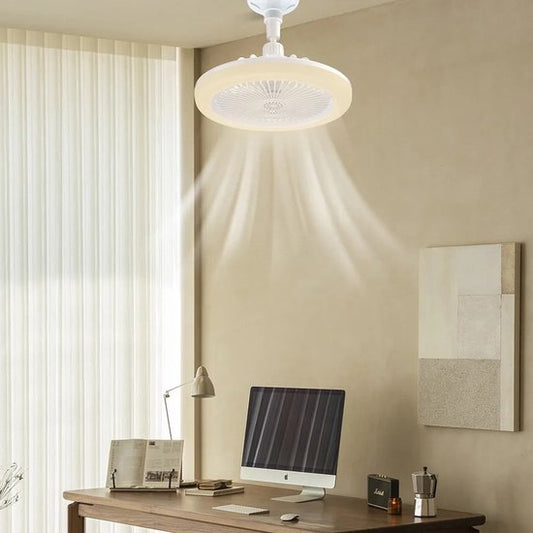 White LED ceiling fan light with enclosed blades and frosted dome diffuser