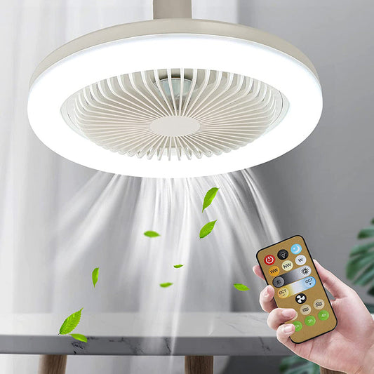 White LED ceiling fan light with remote control, projecting leaf pattern