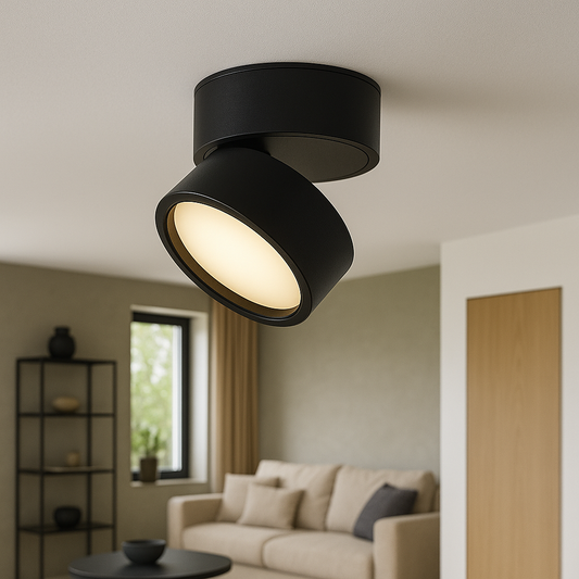 Black LED ceiling spotlight with angled cylindrical shade and warm glow ring.
