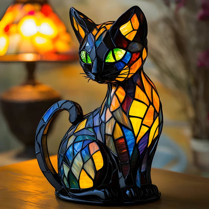 Black cat-shaped stained glass table lamp with multicolor glowing panels
