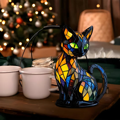 Warm-lit stained glass cat table lamp with orange and blue mosaic details