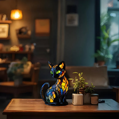 Stained glass cat table lamp with multicolor mosaic pattern and curved tail