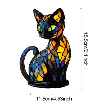 Stained glass cat table lamp with blue, orange, and green mosaic panels