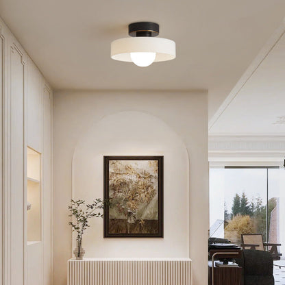 Round ceiling light with black metal base and frosted white glass shade.