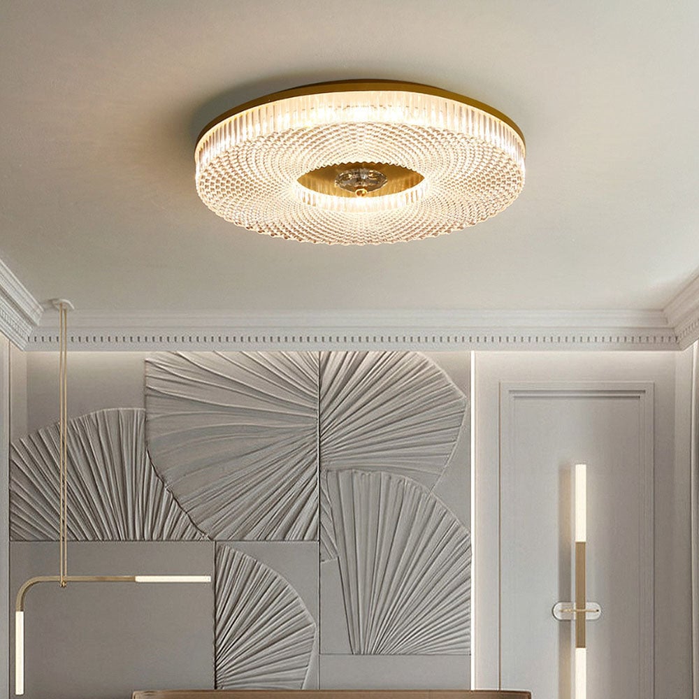 Flat circular LED ceiling light with acrylic crystal-like mesh and metal base