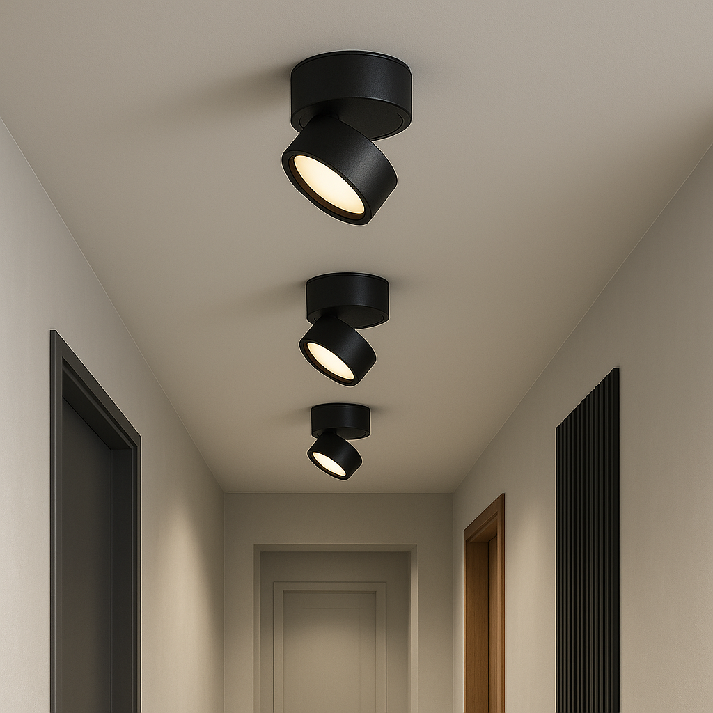 Cluster of black LED ceiling spotlights with angled shades and warm light.