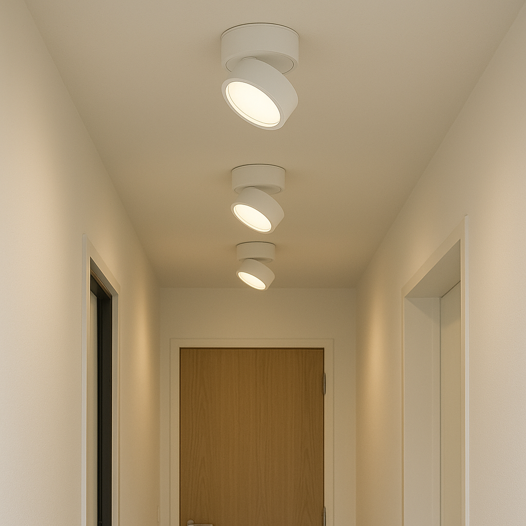 White LED ceiling spotlight with round flush mount and warm circular lens.