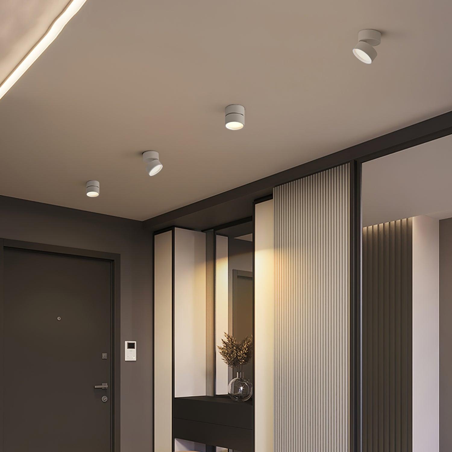 Ceiling LED spotlights in white finish across a modern hallway ceiling.