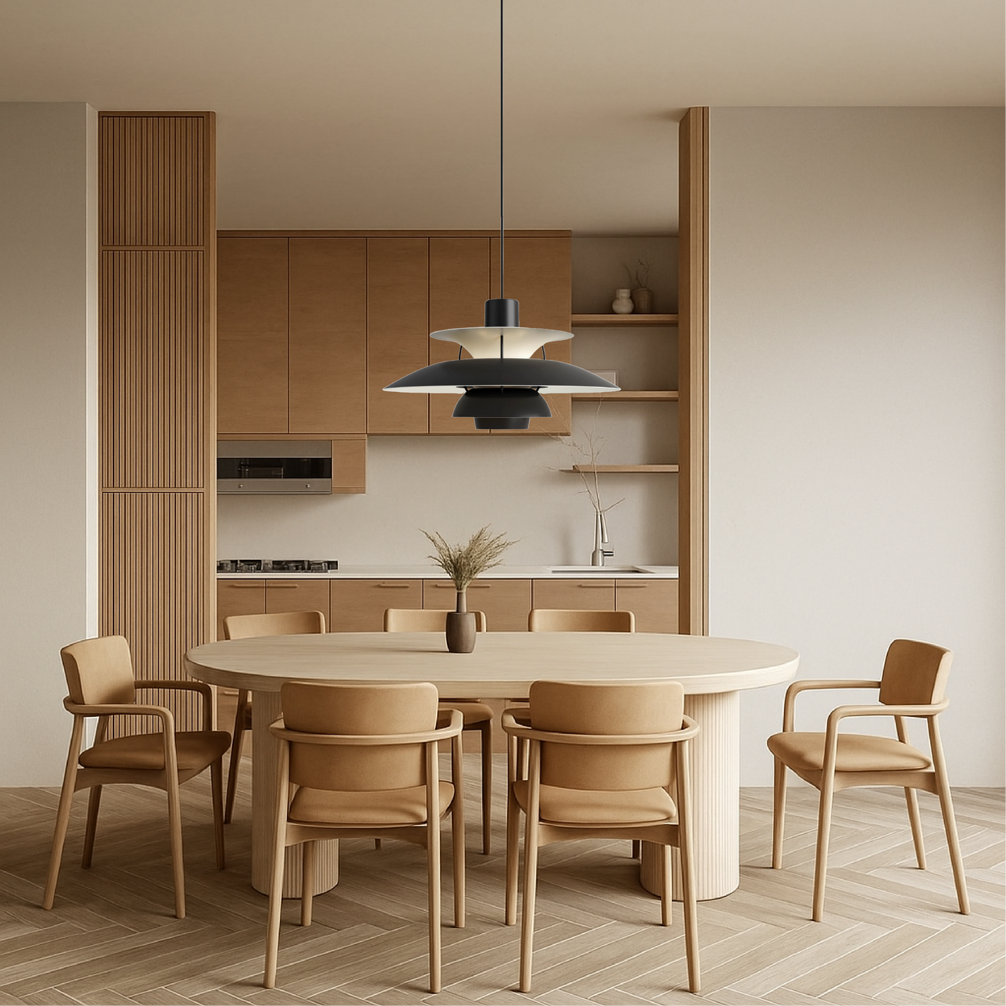 Black pendant light with layered shades over round kitchen table