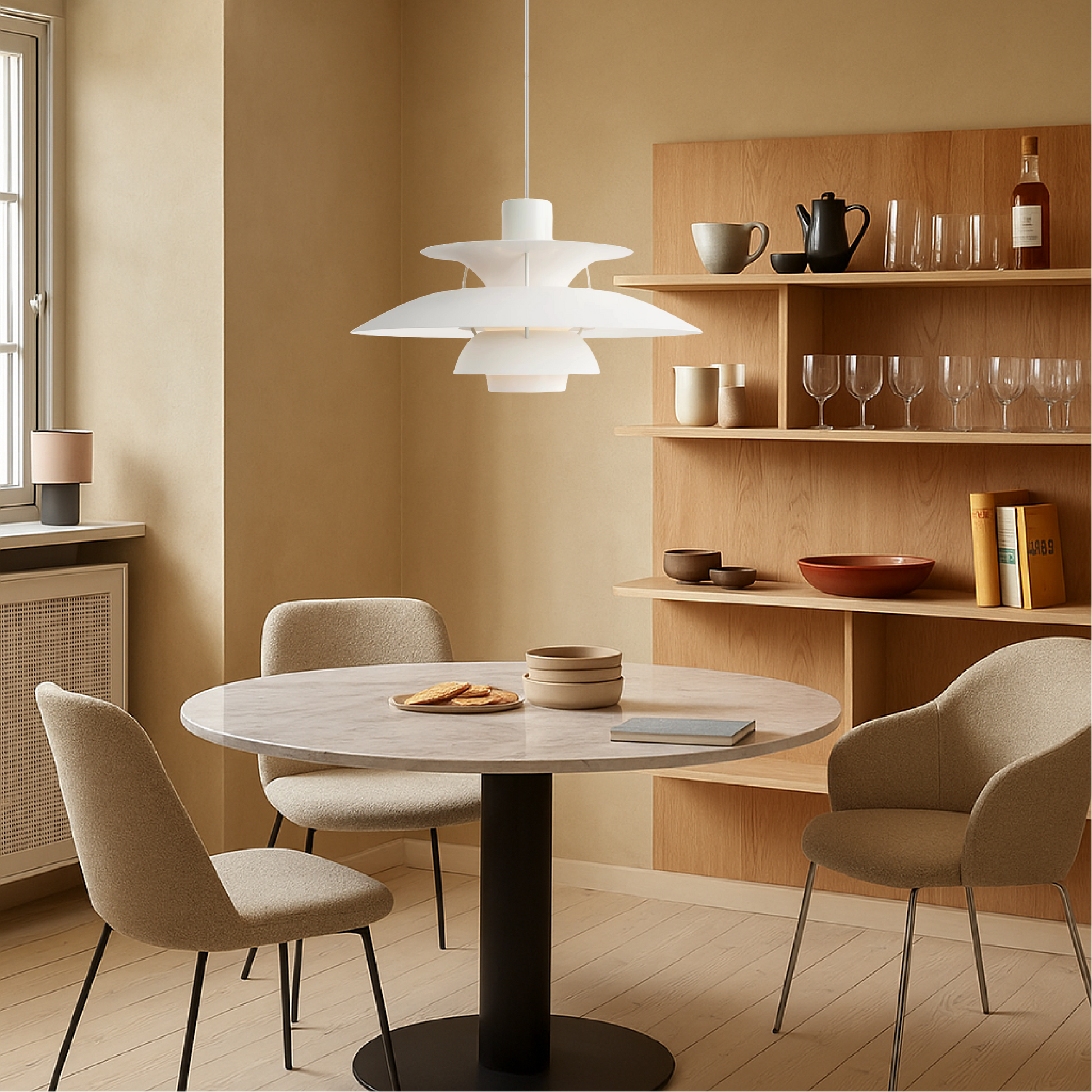 White pendant light with layered shades over dining table