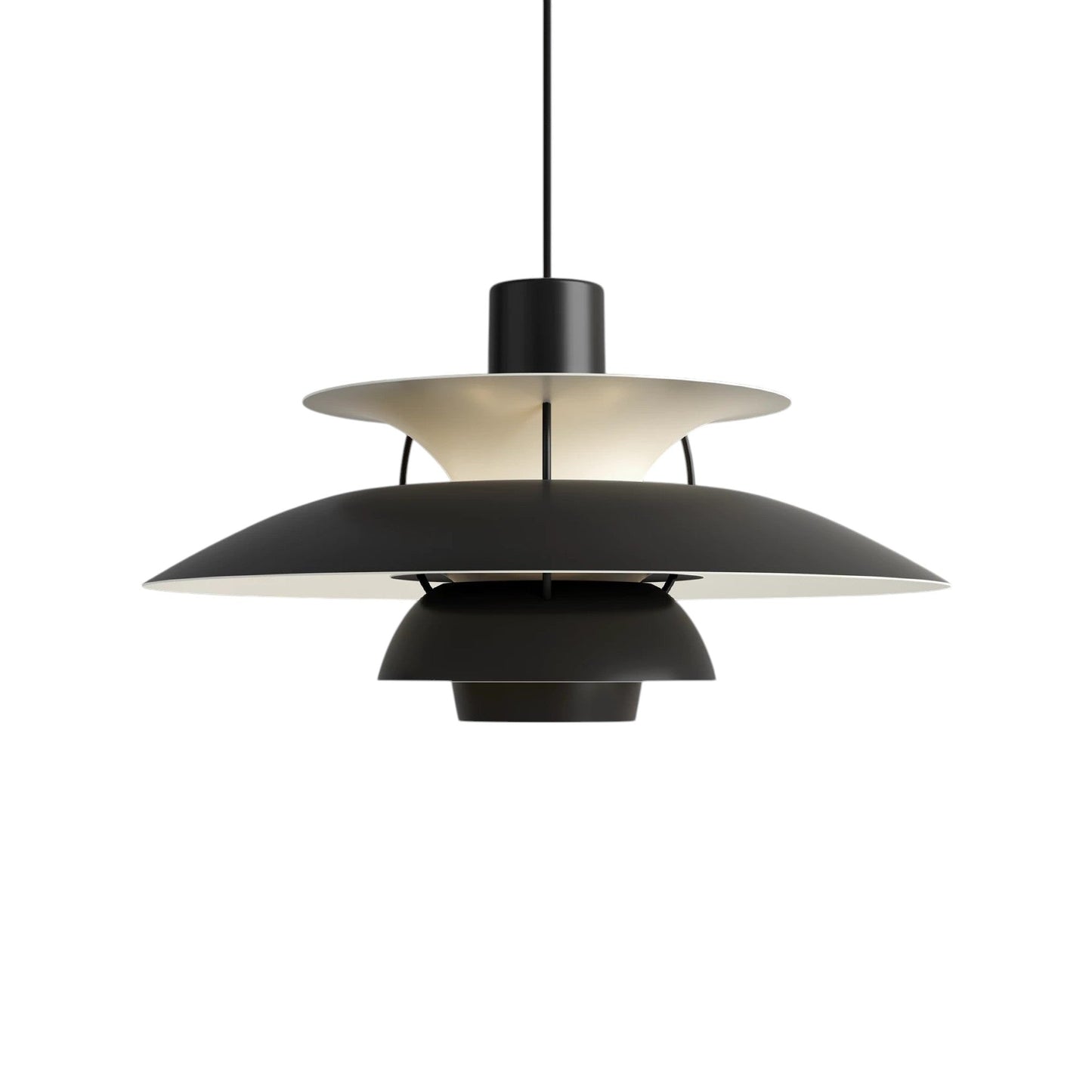 Black pendant light with layered metal shades and cord