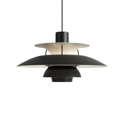 Black pendant light with layered metal shades and cord