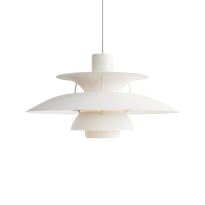 White pendant light with layered metal shades on cord