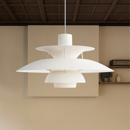 White aluminum pendant light with layered dome shades