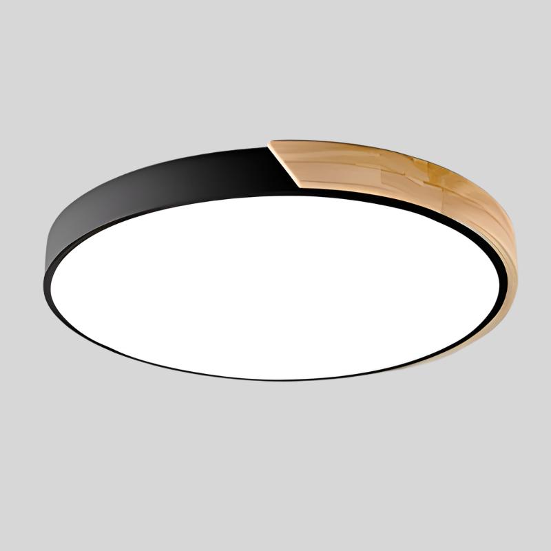 Round ceiling light with white acrylic diffuser and dark metal rim, warm wood accent