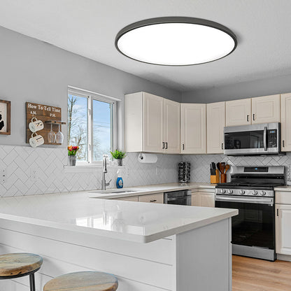 Round flat LED ceiling light with frosted acrylic diffuser and gray metal outer edge.