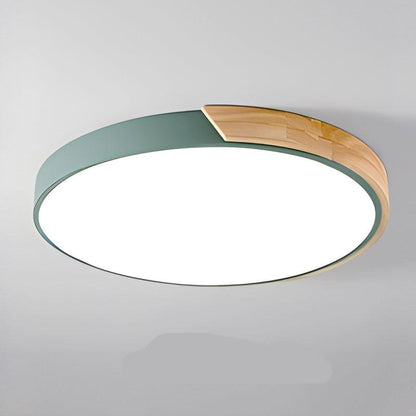 Round ceiling light with white acrylic diffuser and green metal rim, warm wood accent