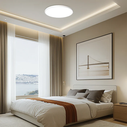 Round LED ceiling light with frosted acrylic diffuser and dark metal rim.