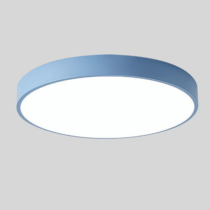 Round ceiling light with white acrylic diffuser and blue metal rim