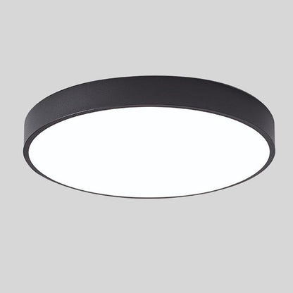 Round ceiling light with white acrylic diffuser and dark metal rim