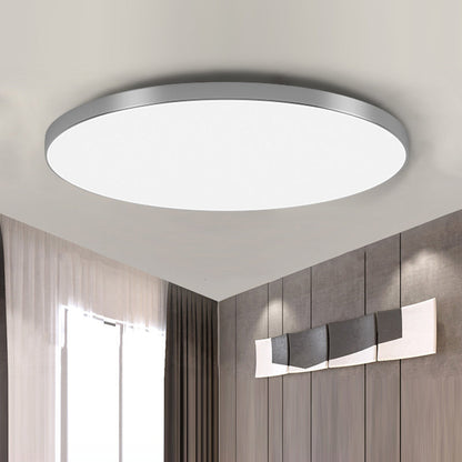 Silver-toned round LED flush-mount ceiling light with flat acrylic diffuser