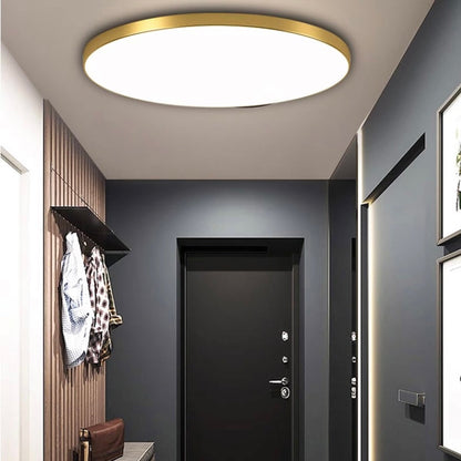 Gold-toned round flat LED ceiling light with white acrylic diffuser panel