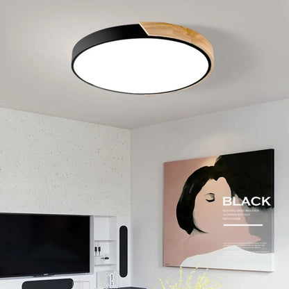Round ceiling light with white acrylic diffuser and dark metal rim, warm wood accent
