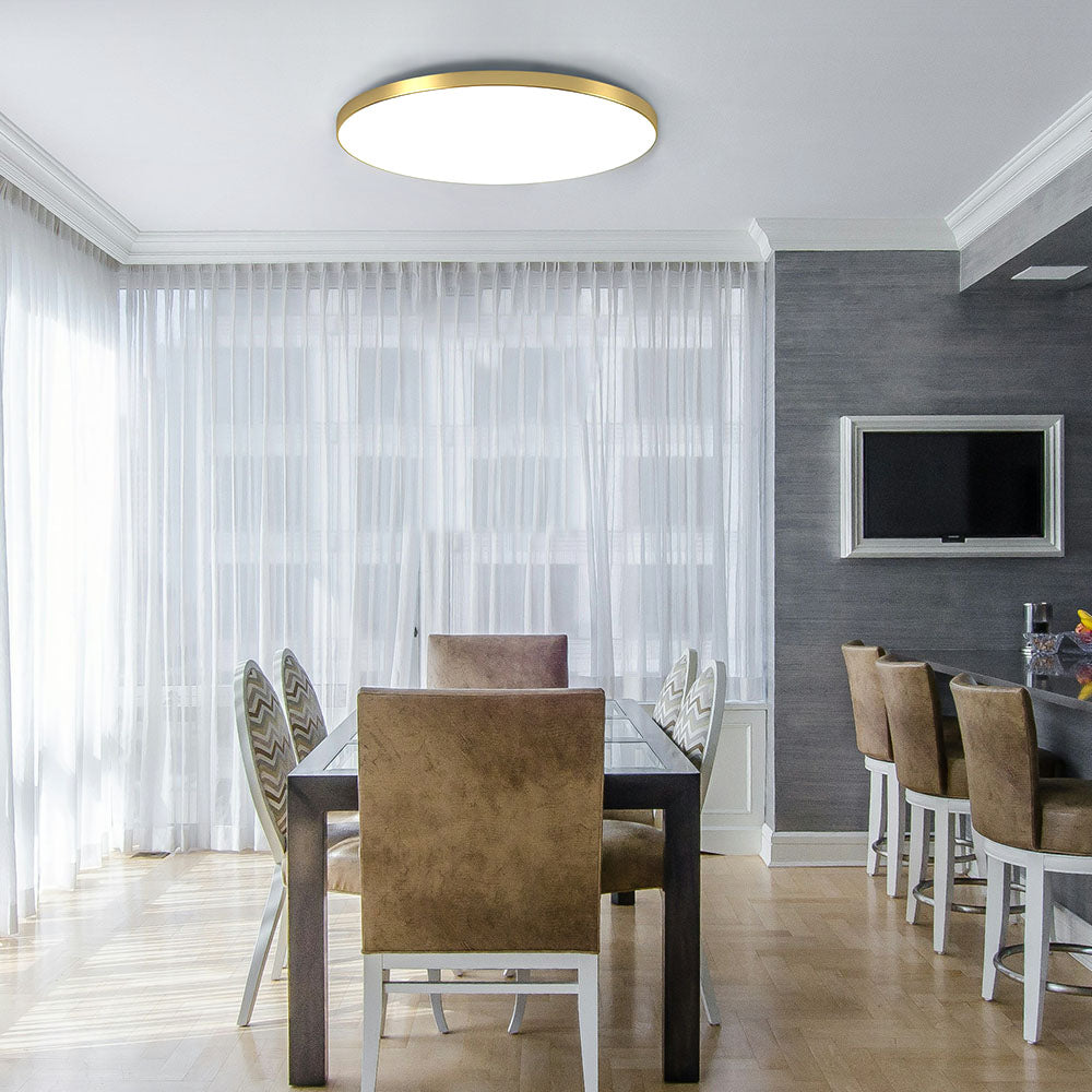 Round LED ceiling light with clear acrylic diffuser and gold-tone metal rim.