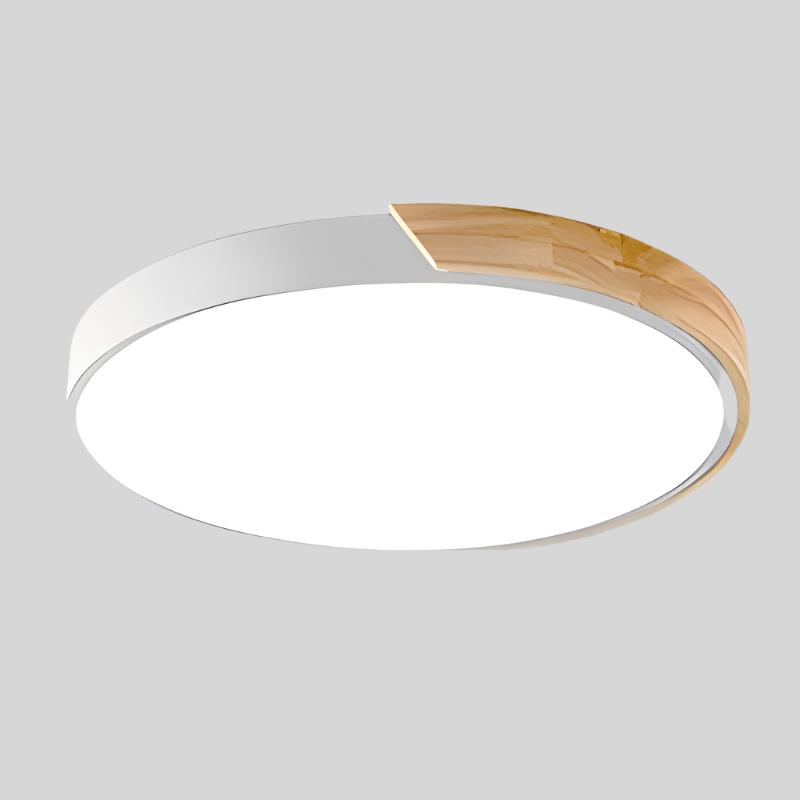 Round ceiling light with white acrylic diffuser and white metal rim, warm wood accent