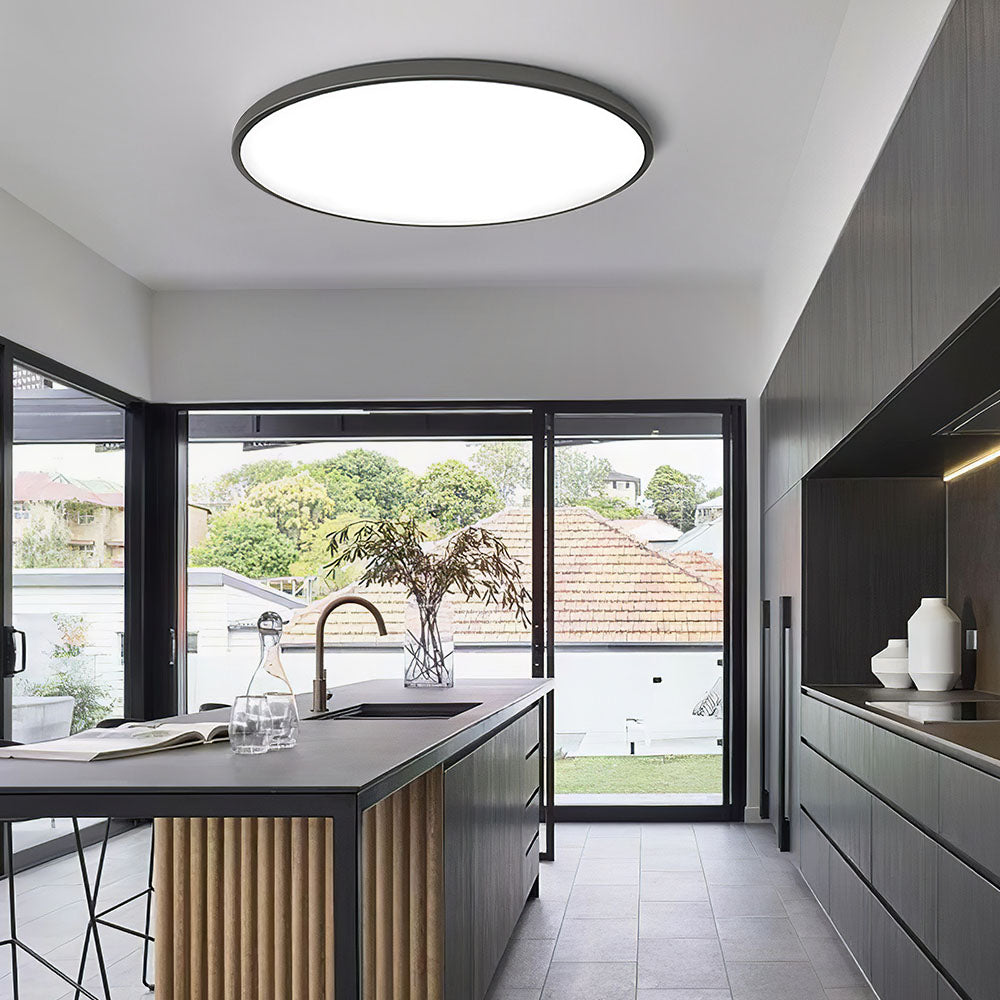 Round LED ceiling light with frosted acrylic cover and dark gray metal housing.