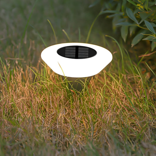 Round solar garden ground light, white housing with black solar panel in grass