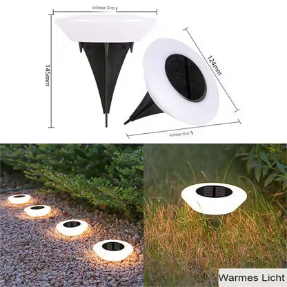 Round solar ground light with stake mount, white housing and black solar panel